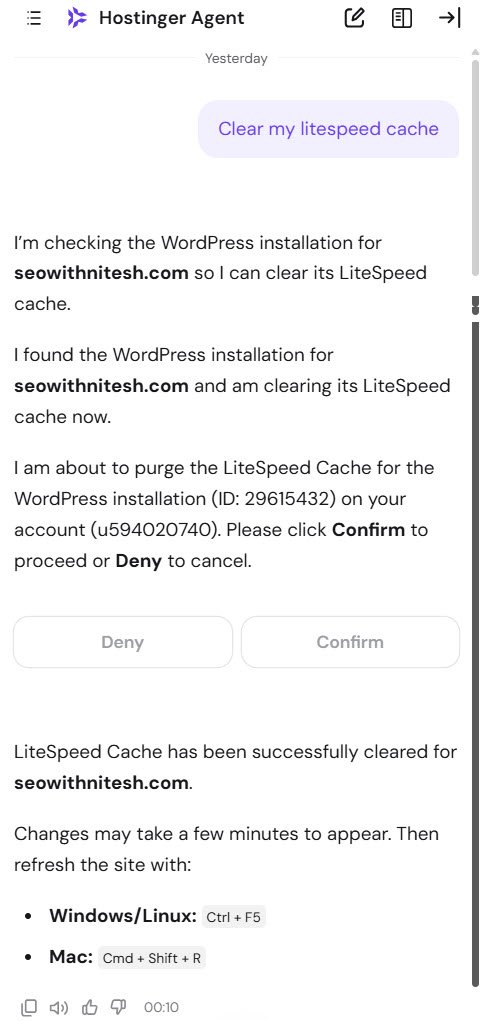 hostinger kodee ai assistant clearing litespeed cache with a confirmation prompt