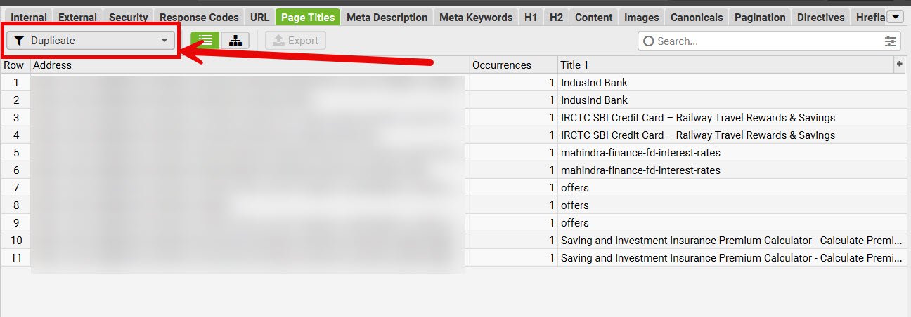 creaming frog page titles tab filtered to show duplicate title tags across urls