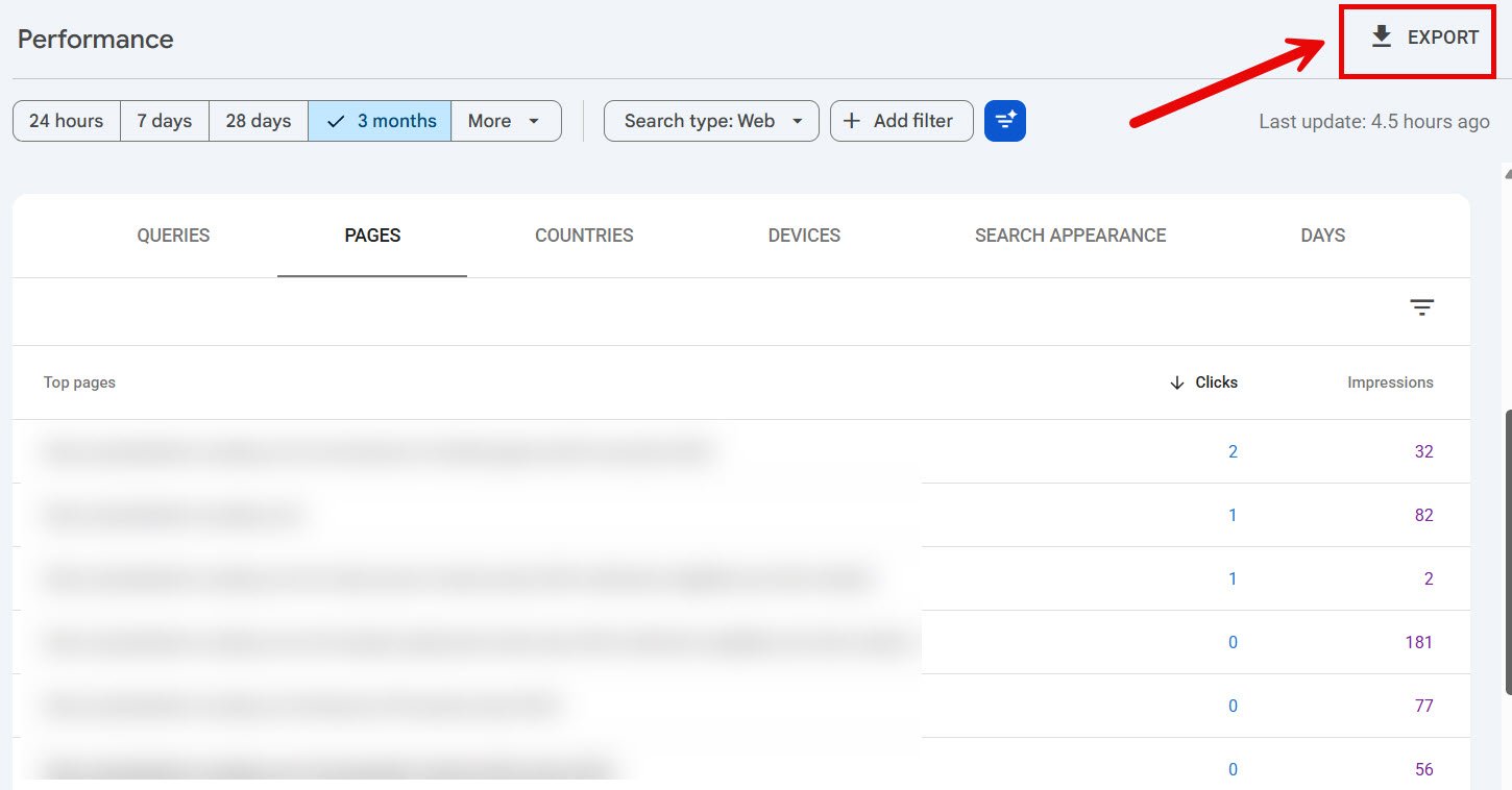 google search console performance report pages tab with export button highlighted