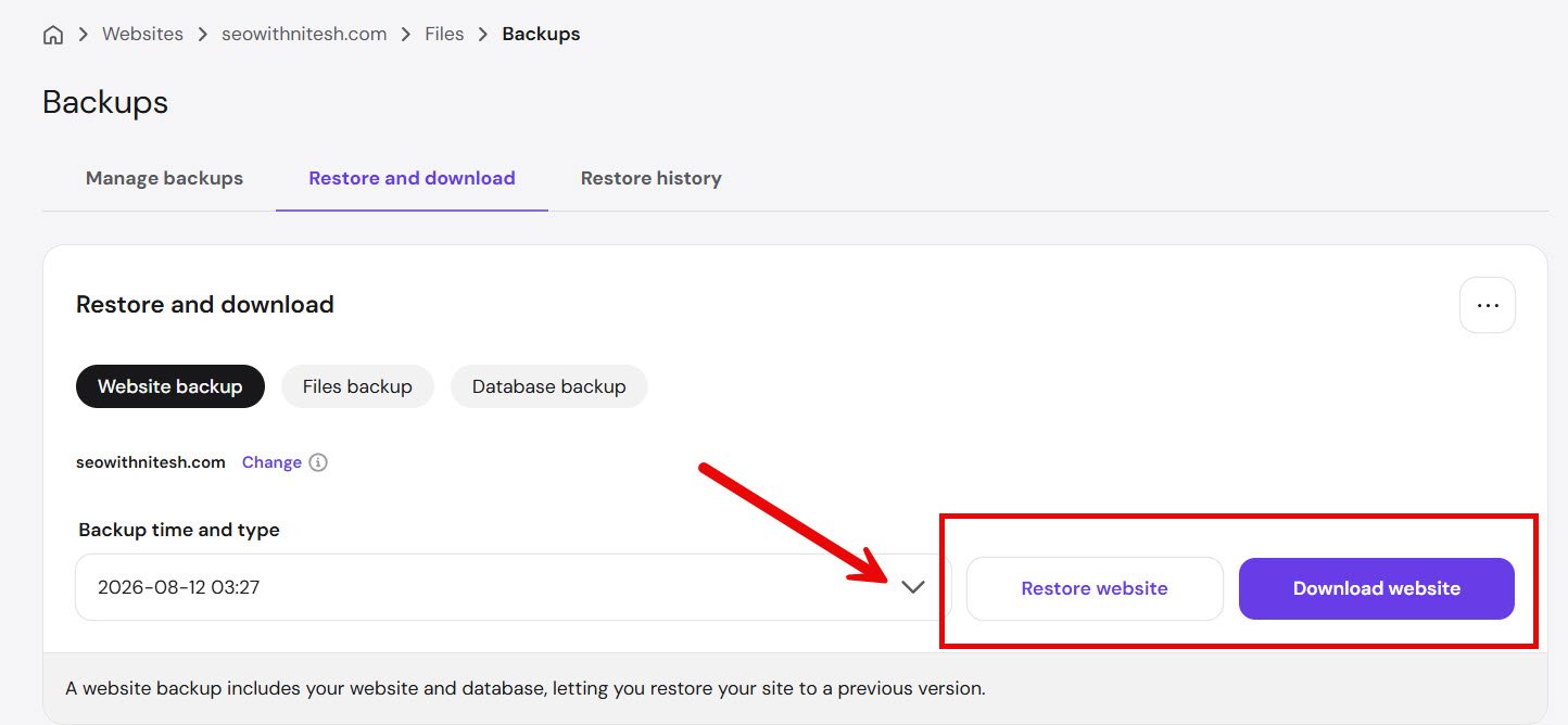 hostinger backups restore and download page with website backup restore point selector