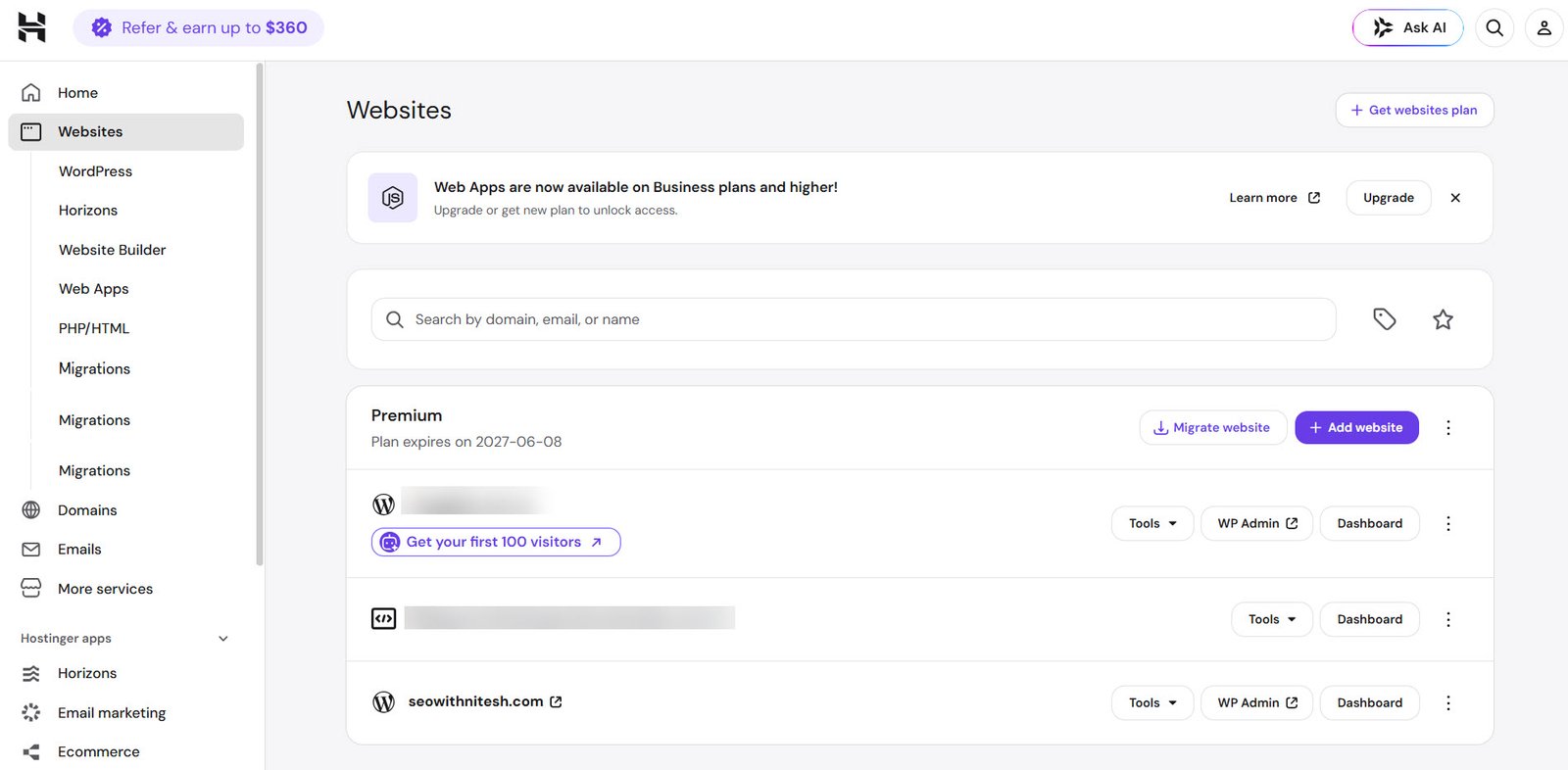 hostinger hpanel websites list showing premium plan and hosted websites