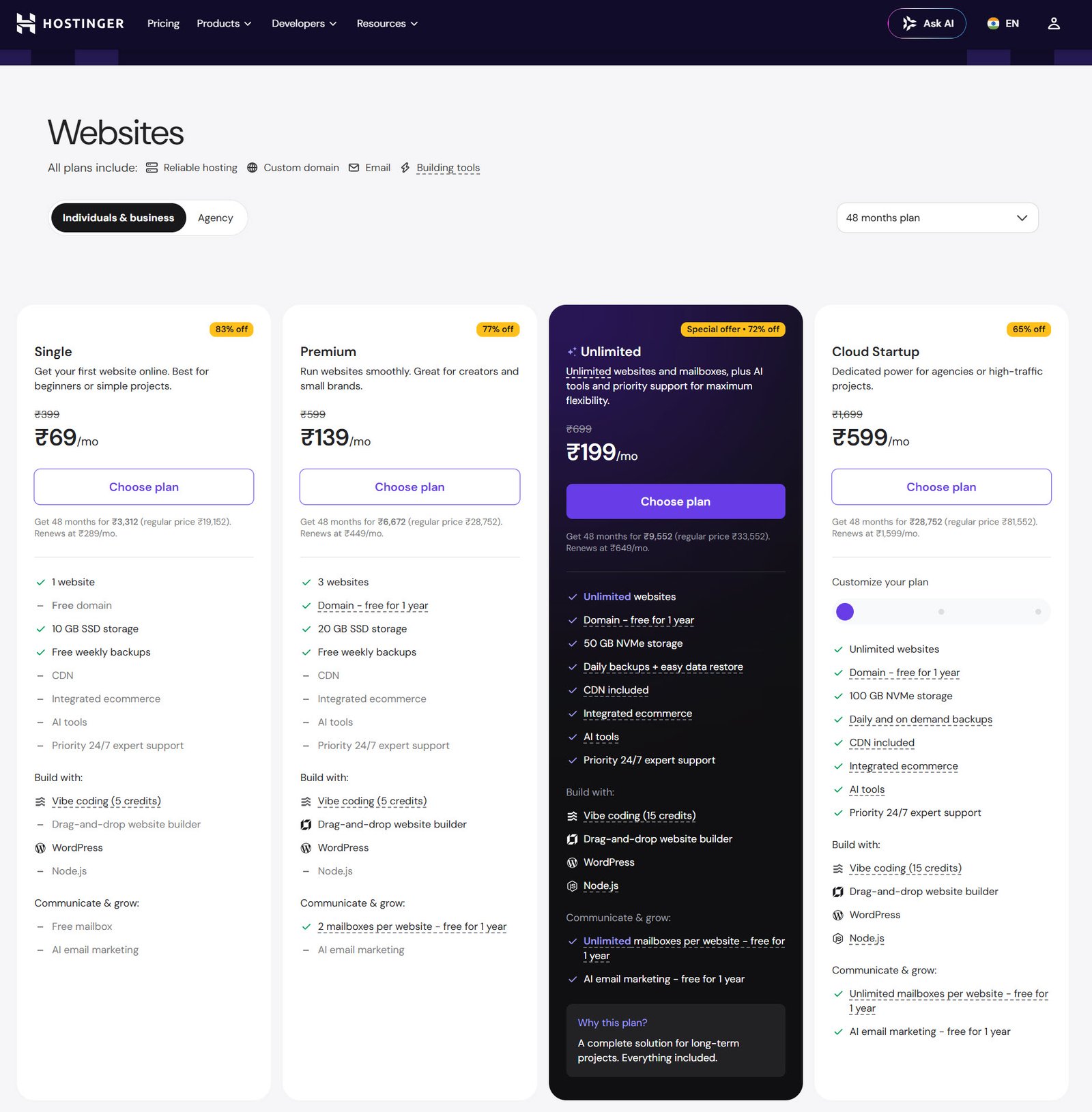 hostinger india pricing page showing single premium unlimited and cloud startup plans in rupees
