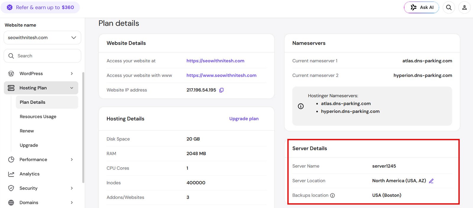 hostinger plan details page showing hosting resources website limit and server location