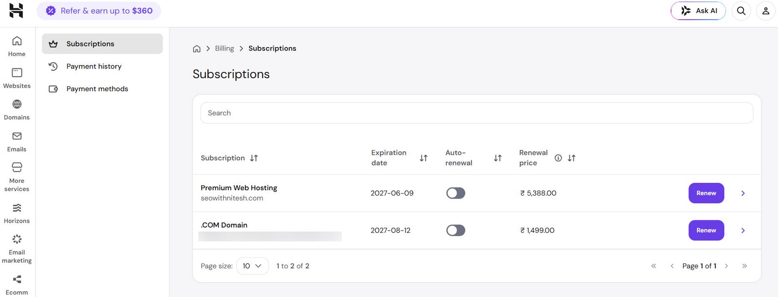 hostinger billing subscriptions page showing premium hosting renewal price and expiration date