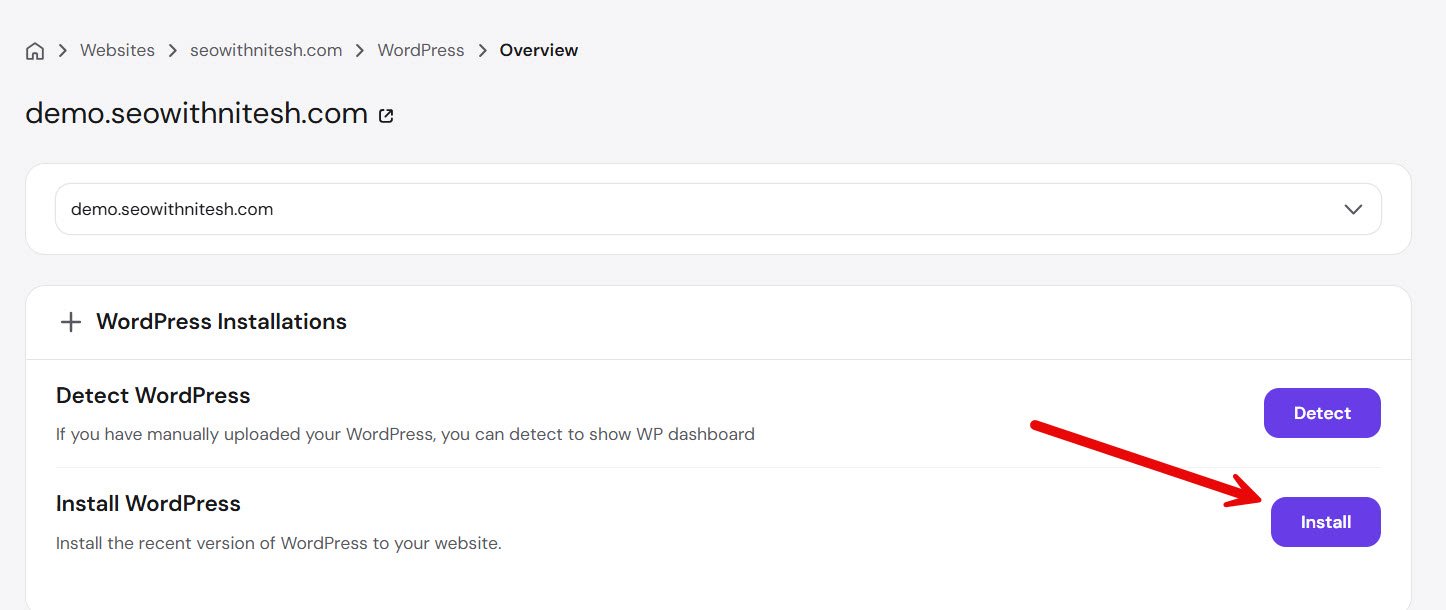 hostinger wordpress installation screen showing install and detect wordpress options