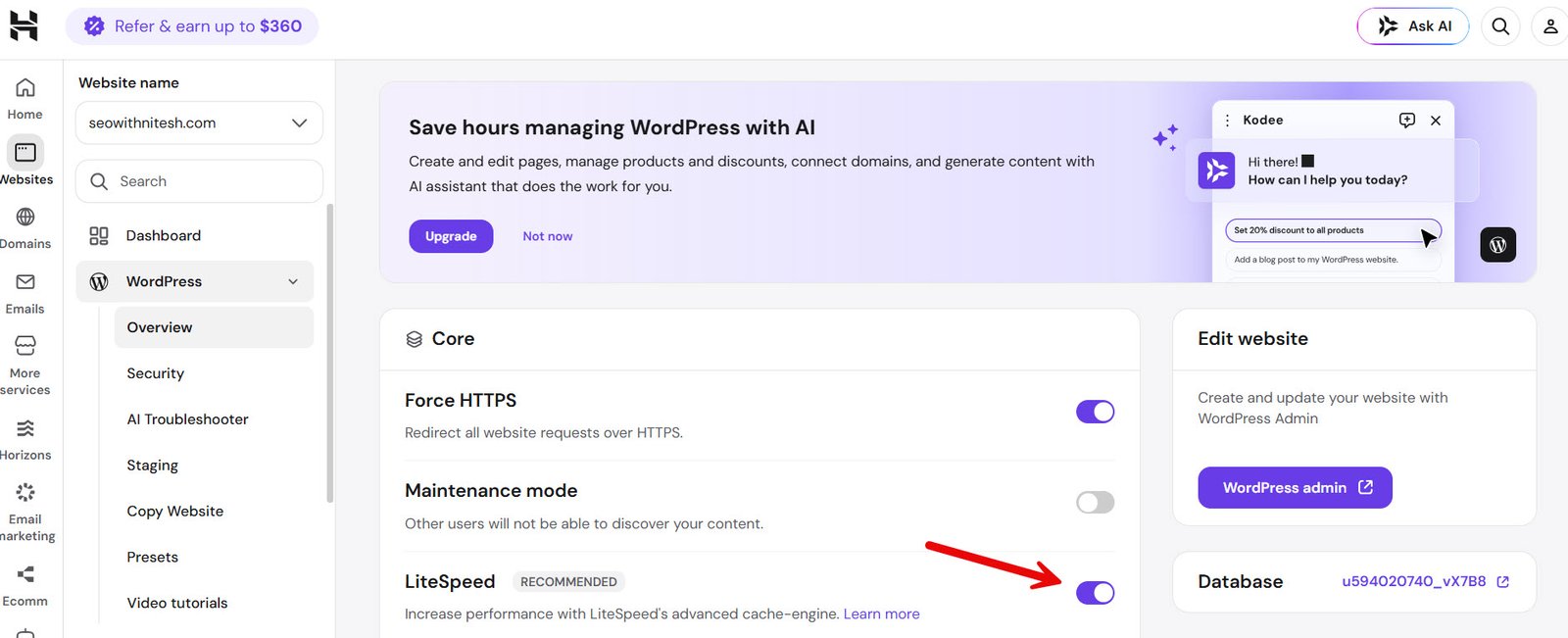 hostinger wordpress overview showing litespeed cache toggle and core site settings