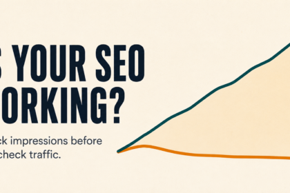 Wide landscape editorial graphic on a warm off-white background ( #FAF7F2), 1200×630. Left 45% is typography: bold condensed sans-serif headline in near-black ( #1A2332) reading "IS YOUR SEO WORKING?" on two lines, with a smaller line beneath in muted grey ( #6B6B6B) reading "Check impressions before you check traffic." Right 55% is a clean abstract line chart with no axis numbers: one thick deep-teal line ( #0E5C63) rising gently from lower left to upper right, and one thick amber line ( how to know if seo is working