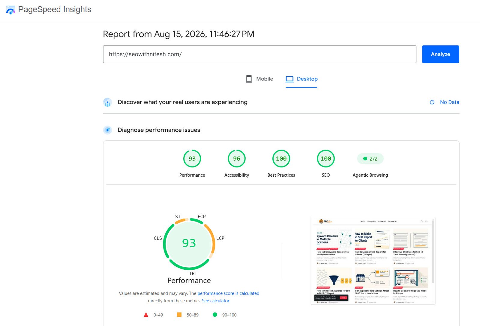 pagespeed insights desktop report for a hostinger hosted site showing performance score 93