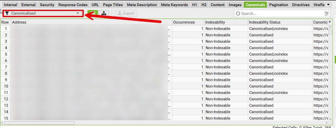 screaming frog canonicals tab with canonicalised to different url filter applied