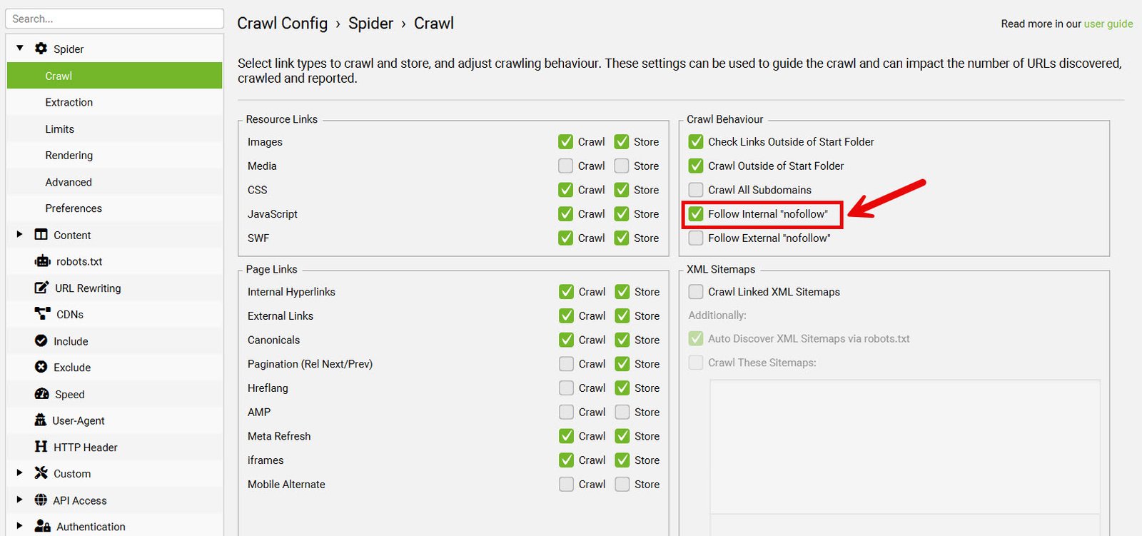 screaming frog spider configuration with follow internal nofollow checkbox highlighted