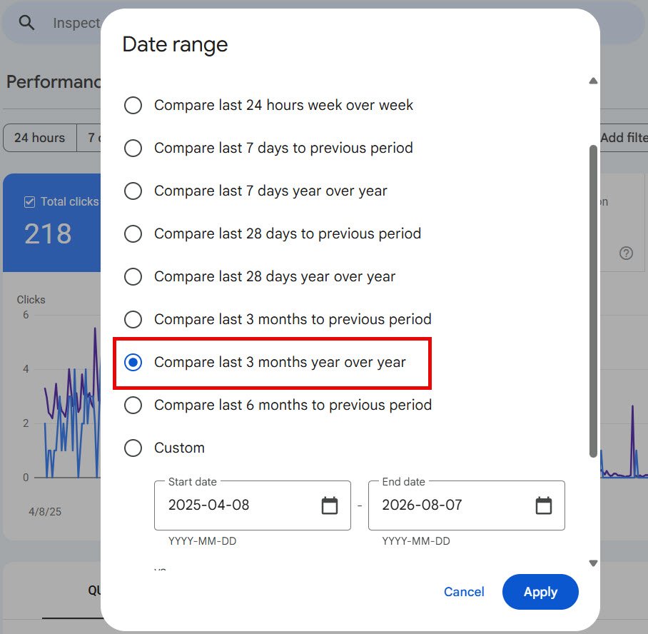 search console performance report date comparison set to the same period last year
